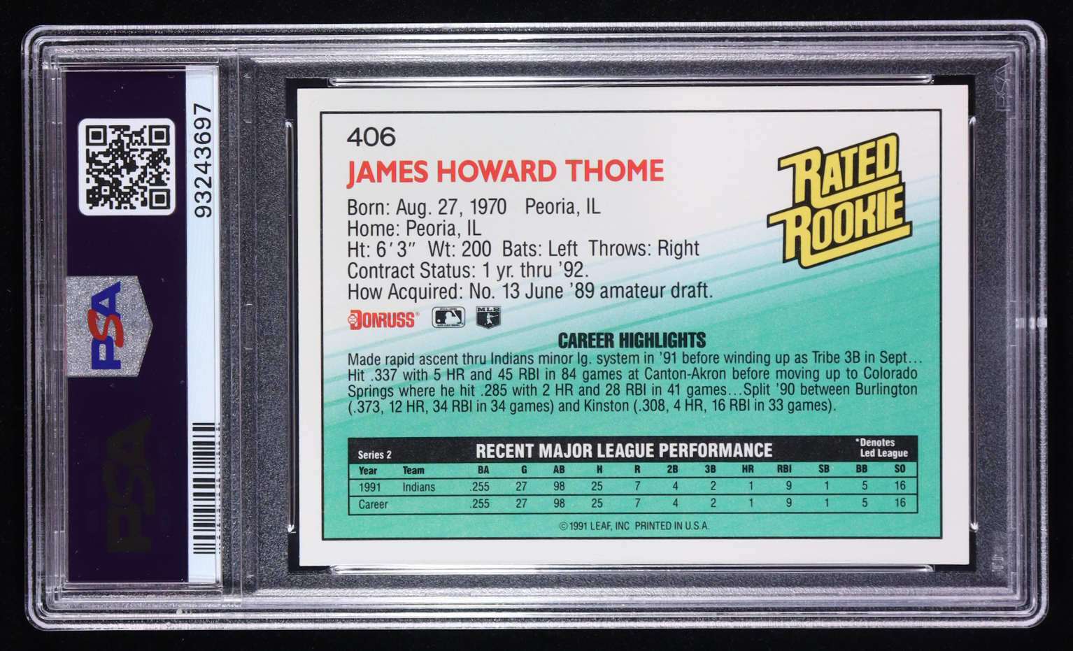 Jim Thome 1992 Donruss #406 RC (PSA 9) at PristineAuction.com Jim Thome 1992 Donruss #406 RC (PSA 9) at PristineAuction.com
