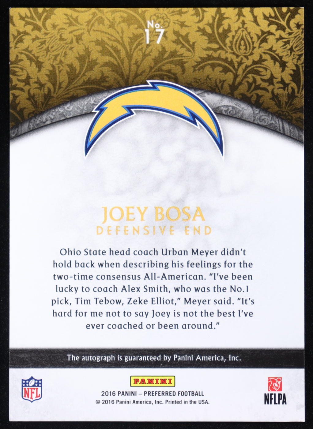 Joey Bosa 2016 Crown Royale Rookie Autographs Platinum #17 #09/10 RC at PristineAuction.com Joey Bosa 2016 Crown Royale Rookie Autographs Platinum #17 #09/10 RC at PristineAuction.com