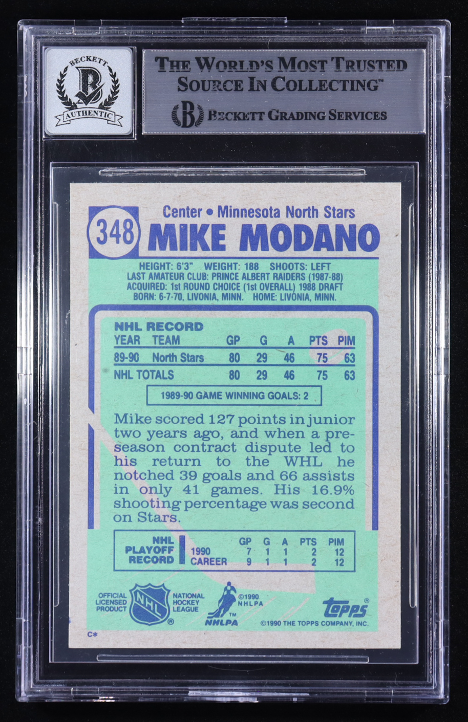 Mike Modano Signed 1990-91 Topps #348 RC (BGS | Autograph Graded BGS 10) at PristineAuction.com Mike Modano Signed 1990-91 Topps #348 RC (BGS | Autograph Graded BGS 10) at PristineAuction.com