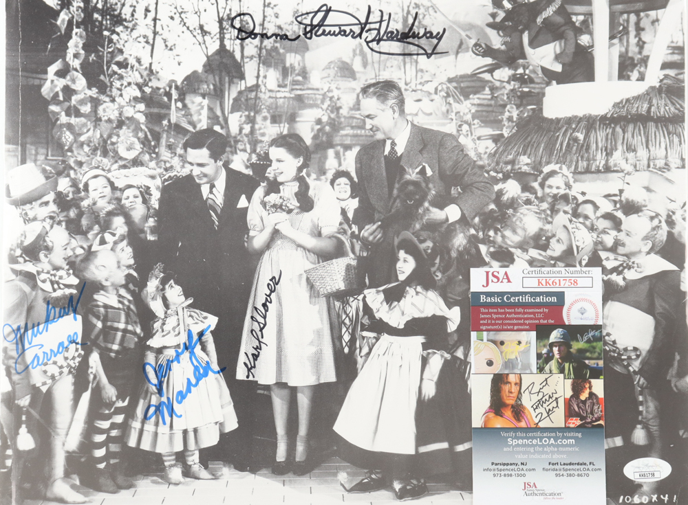 "The Wizard of Oz" 11x14.5 Photo Cast-Signed By (4) with Mickey Carroll, Jerry Maren, Karl Slover & Donna Stewart Hardway (JSA) at PristineAuction.com "The Wizard of Oz" 11x14.5 Photo Cast-Signed By (4) with Mickey Carroll, Jerry Maren, Karl Slover & Donna Stewart Hardway (JSA) at PristineAuction.com