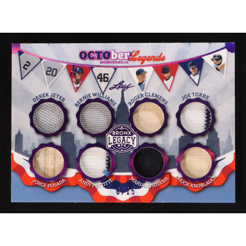 2025 Leaf Bronx Legacy October Legends Purple #OL3 Derek Jeter / Jorge Posada / Bernie Williams / Andy Pettitte / Roger Clemens / Mariano Rivera / Joe Torre / Chuck Knoblauch #08/15 at PristineAuction.com