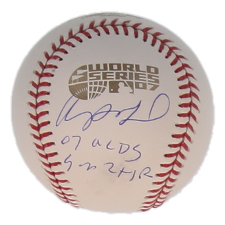 Manny Ramirez Signed 2007 World Series Logo Baseball Inscribed "07 ALDS GM2 HR" (Beckett) at PristineAuction.com Manny Ramirez Signed 2007 World Series Logo Baseball Inscribed "07 ALDS GM2 HR" (Beckett) at PristineAuction.com