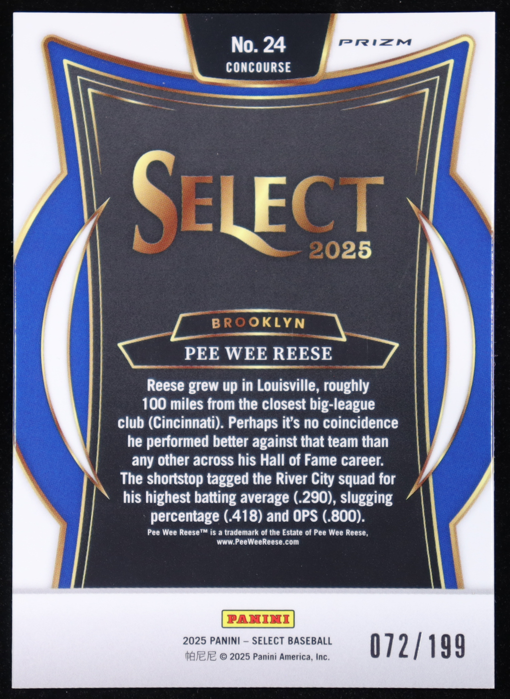 Pee Wee Reese 2025 Select Light Blue Prizms #24 #072/199 at PristineAuction.com Pee Wee Reese 2025 Select Light Blue Prizms #24 #072/199 at PristineAuction.com