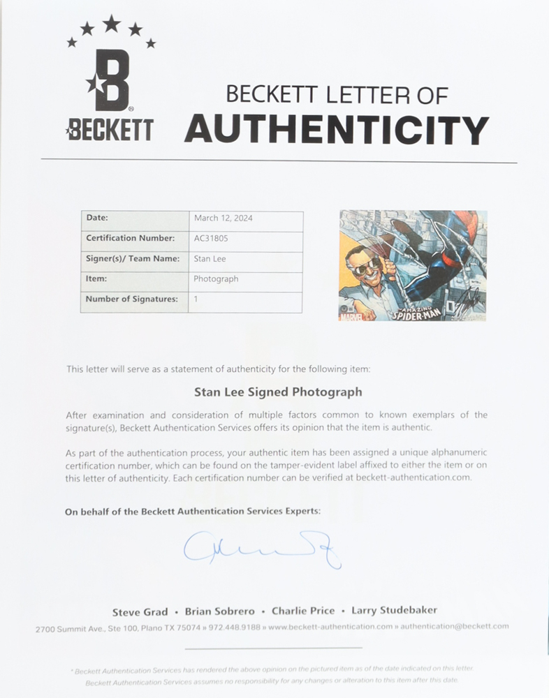 Stan Lee Signed "The Amazing Spider-Man" 13x19 Art Print (Beckett) at PristineAuction.com Stan Lee Signed "The Amazing Spider-Man" 13x19 Art Print (Beckett) at PristineAuction.com
