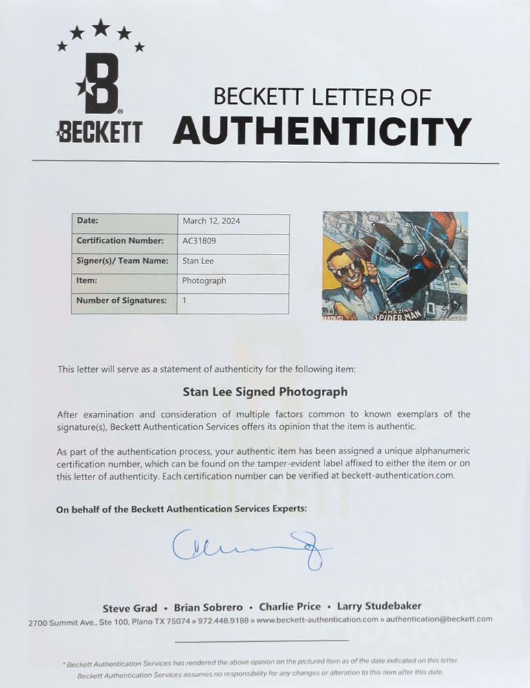 Stan Lee Signed "The Amazing Spider-Man" 13x19 Art Print (Beckett) at PristineAuction.com Stan Lee Signed "The Amazing Spider-Man" 13x19 Art Print (Beckett) at PristineAuction.com