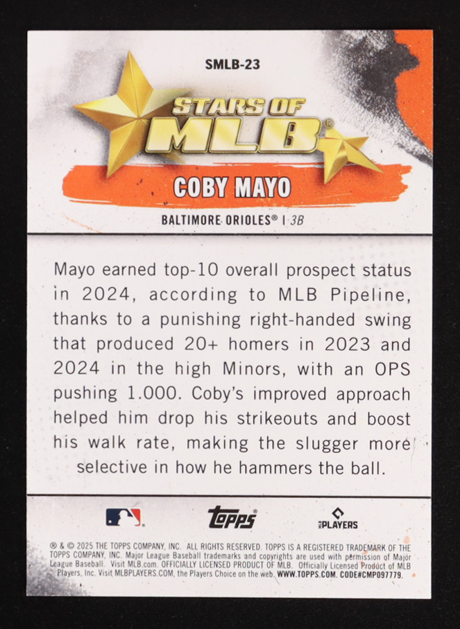 Coby Mayo 2025 Topps Stars Of MLB #SMLB23 RC at PristineAuction.com Coby Mayo 2025 Topps Stars Of MLB #SMLB23 RC at PristineAuction.com