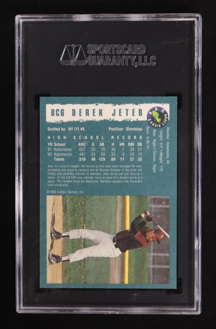 Derek Jeter 1992 Classic Draft Picks Bonus Foil #BC6 RC (SGC 9) at PristineAuction.com Derek Jeter 1992 Classic Draft Picks Bonus Foil #BC6 RC (SGC 9) at PristineAuction.com