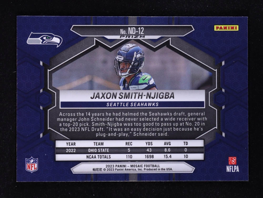 Jaxon Smith-Njigba 2023 Panini Mosaic NFL Debut Mosaic Reactive Blue #12 RC at PristineAuction.com Jaxon Smith-Njigba 2023 Panini Mosaic NFL Debut Mosaic Reactive Blue #12 RC at PristineAuction.com
