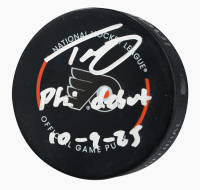Trevor Zegras Signed Flyers Official Game Puck Inscribed "PHI Debut 10-9-25" (Fanatics) at PristineAuction.com