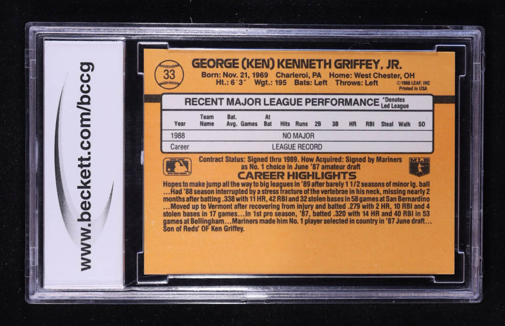 Ken Griffey Jr. 1989 Donruss #33 RR RC (BCCG 10) at PristineAuction.com Ken Griffey Jr. 1989 Donruss #33 RR RC (BCCG 10) at PristineAuction.com