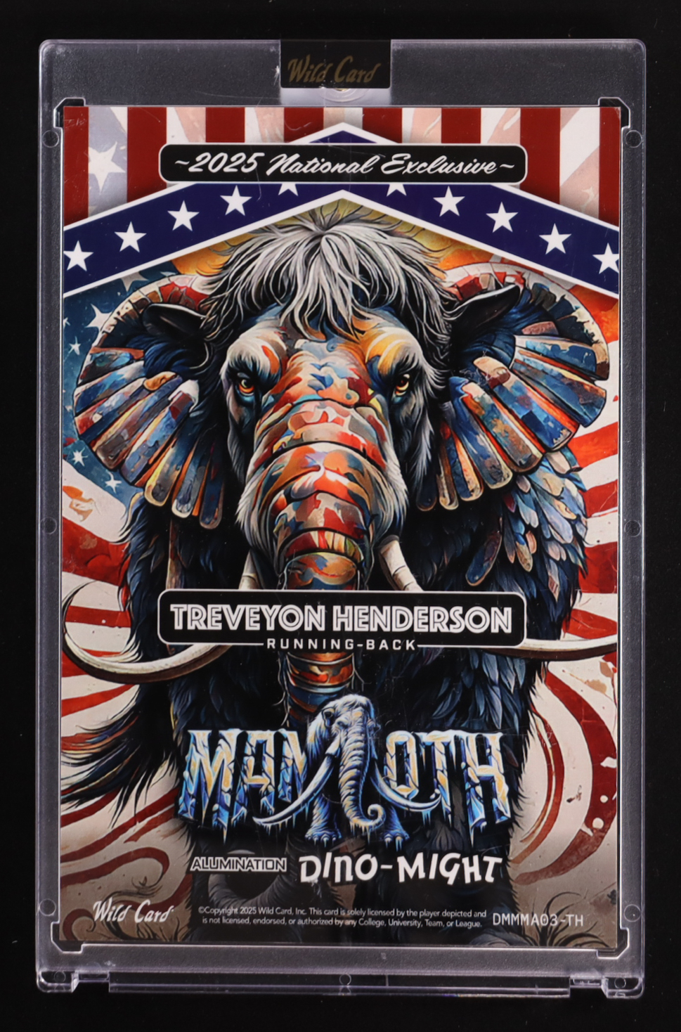 TreVeyon Henderson 2025 Wild Card Alumination Dino-Might National Exclusive Mammoth Red White and Blue Sparkles #DMMMA03-TH #1/1 RC at PristineAuction.com TreVeyon Henderson 2025 Wild Card Alumination Dino-Might National Exclusive Mammoth Red White and Blue Sparkles #DMMMA03-TH #1/1 RC at PristineAuction.com