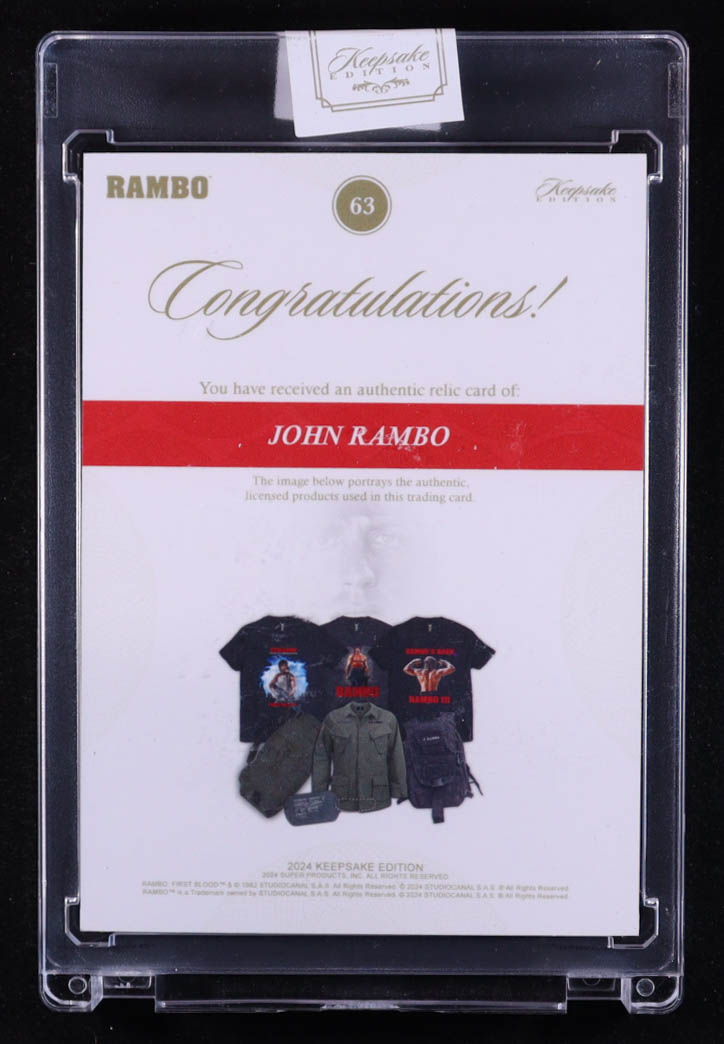 John Rambo 2024 Keepsake Edition Relic Rambo First Blood Part II #63 #17/50 at PristineAuction.com John Rambo 2024 Keepsake Edition Relic Rambo First Blood Part II #63 #17/50 at PristineAuction.com