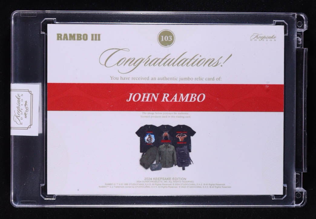 John Rambo 2024 Keepsake Edition Jumbo Relic Rambo III #103 #16/50 at PristineAuction.com John Rambo 2024 Keepsake Edition Jumbo Relic Rambo III #103 #16/50 at PristineAuction.com