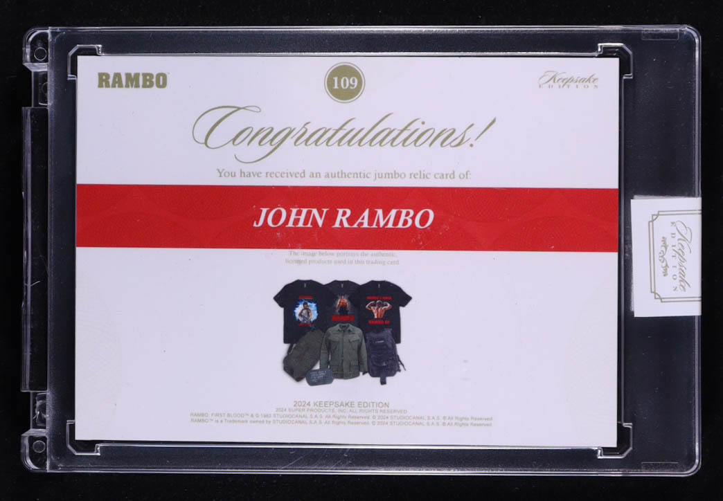 John Rambo 2024 Keepsake Edition Jumbo Relic Rambo #109 #22/50 at PristineAuction.com John Rambo 2024 Keepsake Edition Jumbo Relic Rambo #109 #22/50 at PristineAuction.com
