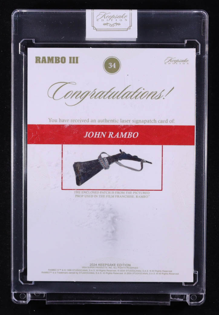John Rambo 2024 Keepsake Edition Authentic Laser Signapatch Rambo III #34 #06/99 at PristineAuction.com John Rambo 2024 Keepsake Edition Authentic Laser Signapatch Rambo III #34 #06/99 at PristineAuction.com