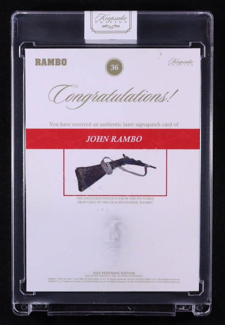 John Rambo 2024 Keepsake Edition Authentic Laser Signapatch Rambo #36 #25/99 at PristineAuction.com John Rambo 2024 Keepsake Edition Authentic Laser Signapatch Rambo #36 #25/99 at PristineAuction.com