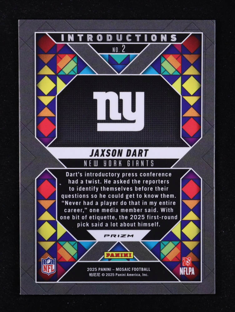 Jaxson Dart 2025 Panini Mosaic Introductions No Huddle Silver #2 RC at PristineAuction.com Jaxson Dart 2025 Panini Mosaic Introductions No Huddle Silver #2 RC at PristineAuction.com
