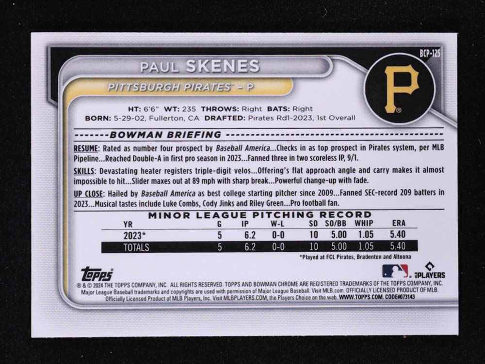 Paul Skenes 2024 Bowman Chrome Prospects Lunar Glow Refractors #BCP125 RC at PristineAuction.com Paul Skenes 2024 Bowman Chrome Prospects Lunar Glow Refractors #BCP125 RC at PristineAuction.com