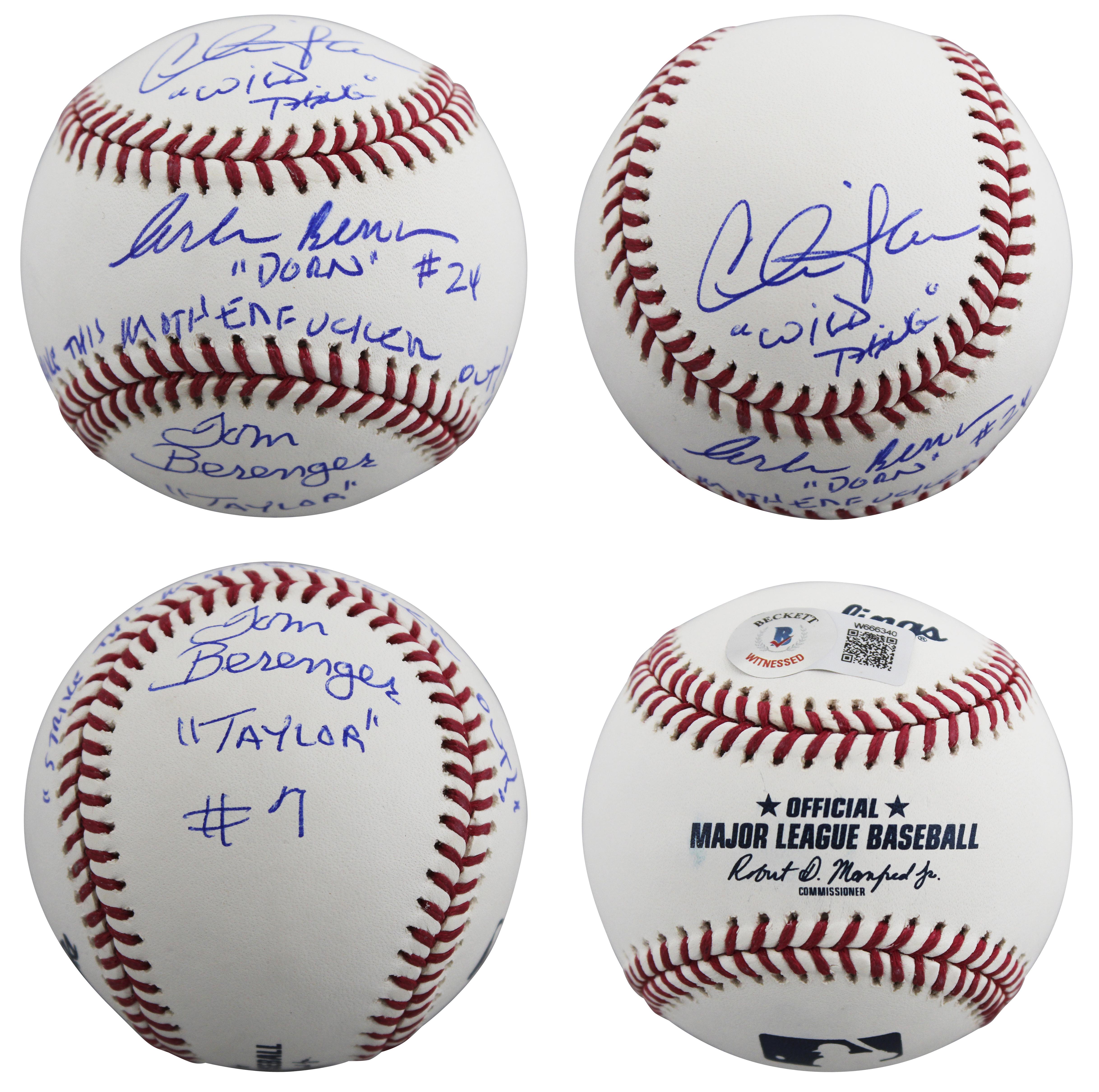 Charlie Sheen, Tom Berenger & Corbin Bernsen Signed "Major League" OML Baseball Inscribed "Wild Thing", "Taylor #7", "Dorn #24" & "Strike This M********** Out!" (Beckett) at PristineAuction.com Charlie Sheen, Tom Berenger & Corbin Bernsen Signed "Major League" OML Baseball Inscribed "Wild Thing", "Taylor #7", "Dorn #24" & "Strike This M********** Out!" (Beckett) at PristineAuction.com