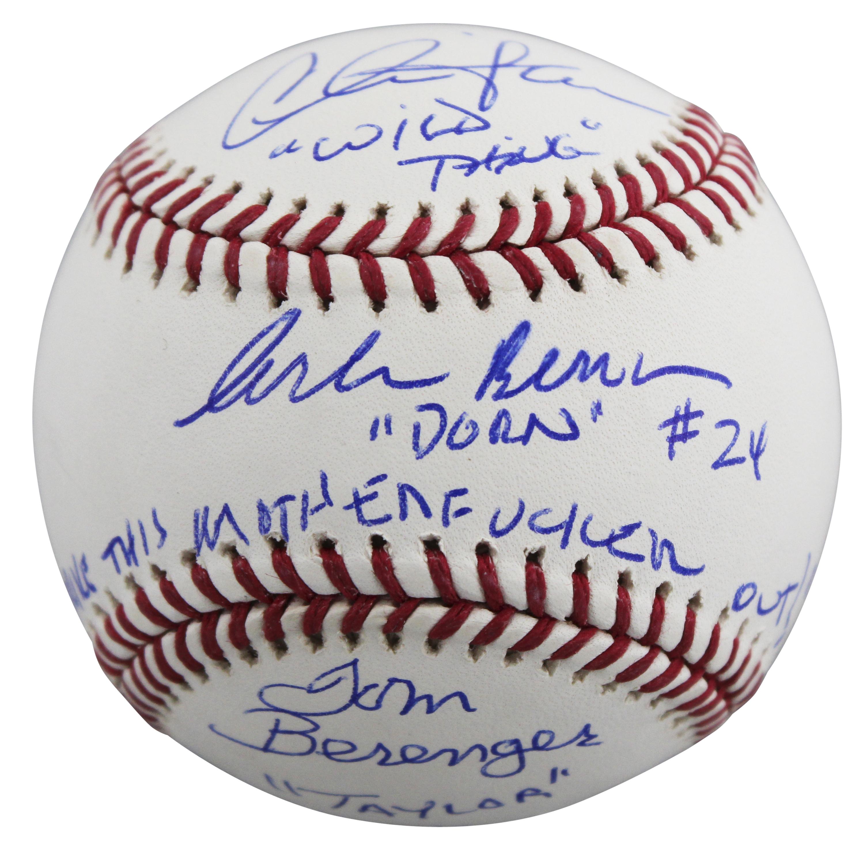 Charlie Sheen, Tom Berenger & Corbin Bernsen Signed "Major League" OML Baseball Inscribed "Wild Thing", "Taylor #7", "Dorn #24" & "Strike This M********** Out!" (Beckett) at PristineAuction.com Charlie Sheen, Tom Berenger & Corbin Bernsen Signed "Major League" OML Baseball Inscribed "Wild Thing", "Taylor #7", "Dorn #24" & "Strike This M********** Out!" (Beckett) at PristineAuction.com