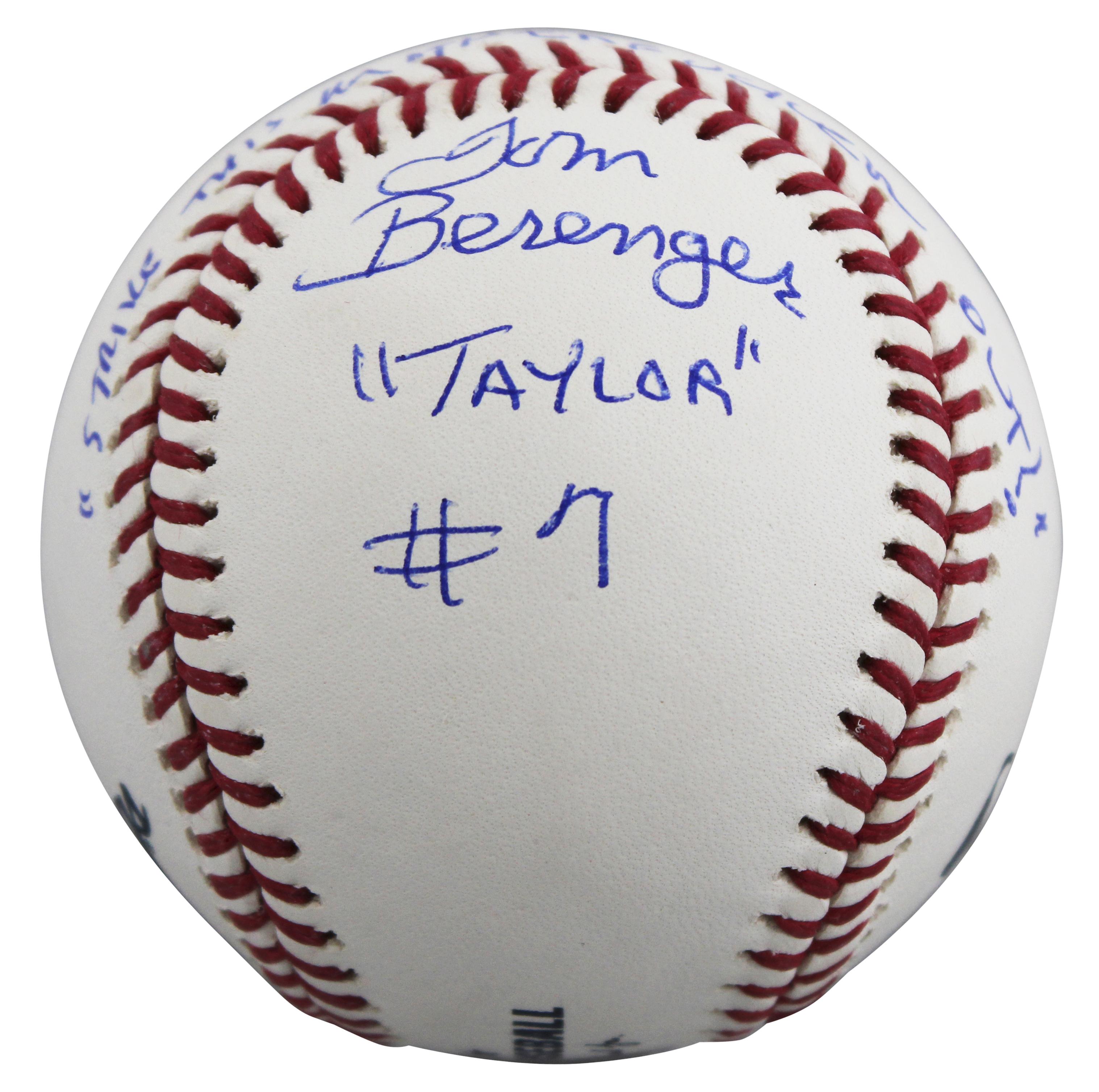 Charlie Sheen, Tom Berenger & Corbin Bernsen Signed "Major League" OML Baseball Inscribed "Wild Thing", "Taylor #7", "Dorn #24" & "Strike This M********** Out!" (Beckett) at PristineAuction.com Charlie Sheen, Tom Berenger & Corbin Bernsen Signed "Major League" OML Baseball Inscribed "Wild Thing", "Taylor #7", "Dorn #24" & "Strike This M********** Out!" (Beckett) at PristineAuction.com