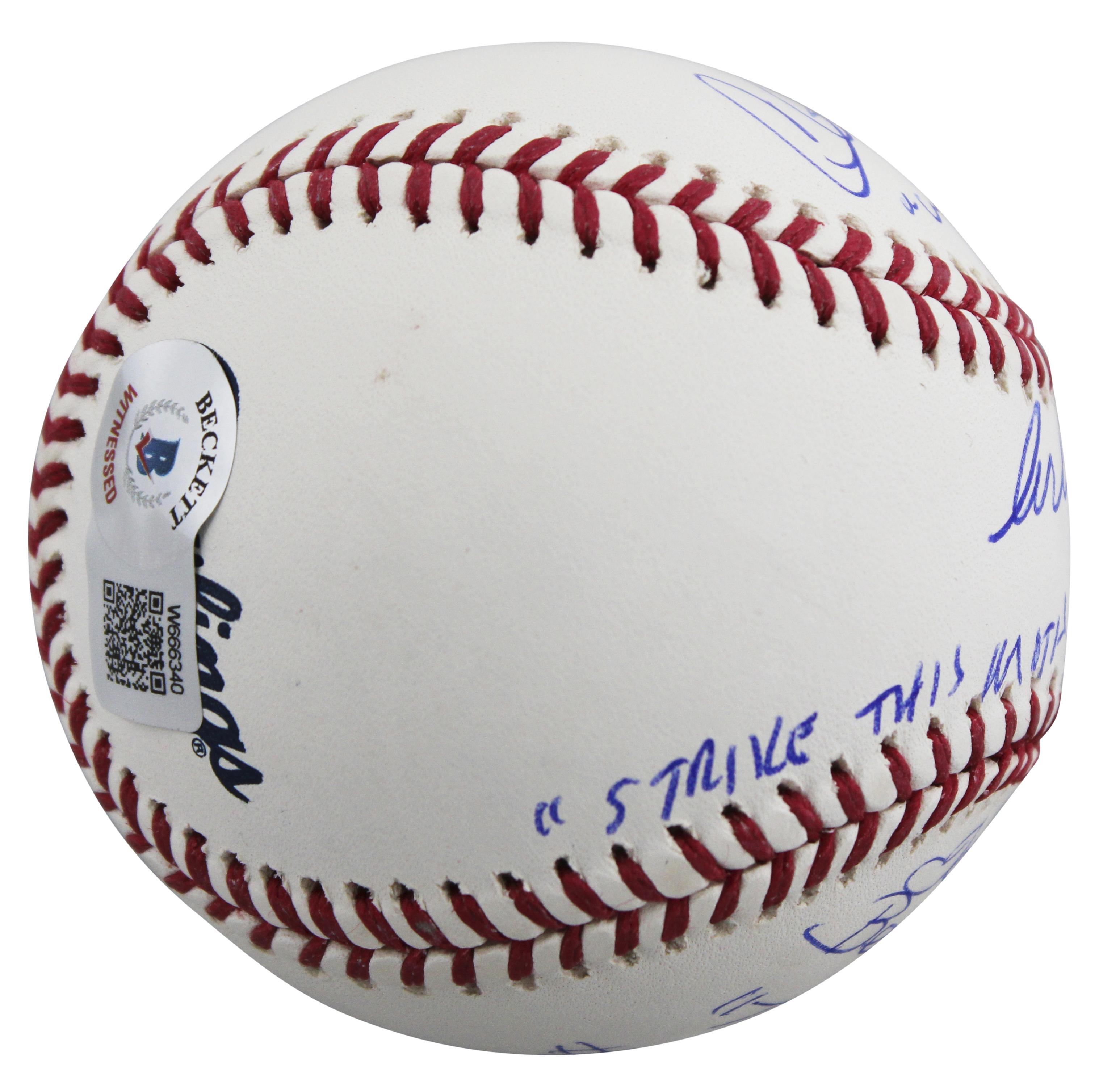 Charlie Sheen, Tom Berenger & Corbin Bernsen Signed "Major League" OML Baseball Inscribed "Wild Thing", "Taylor #7", "Dorn #24" & "Strike This M********** Out!" (Beckett) at PristineAuction.com Charlie Sheen, Tom Berenger & Corbin Bernsen Signed "Major League" OML Baseball Inscribed "Wild Thing", "Taylor #7", "Dorn #24" & "Strike This M********** Out!" (Beckett) at PristineAuction.com