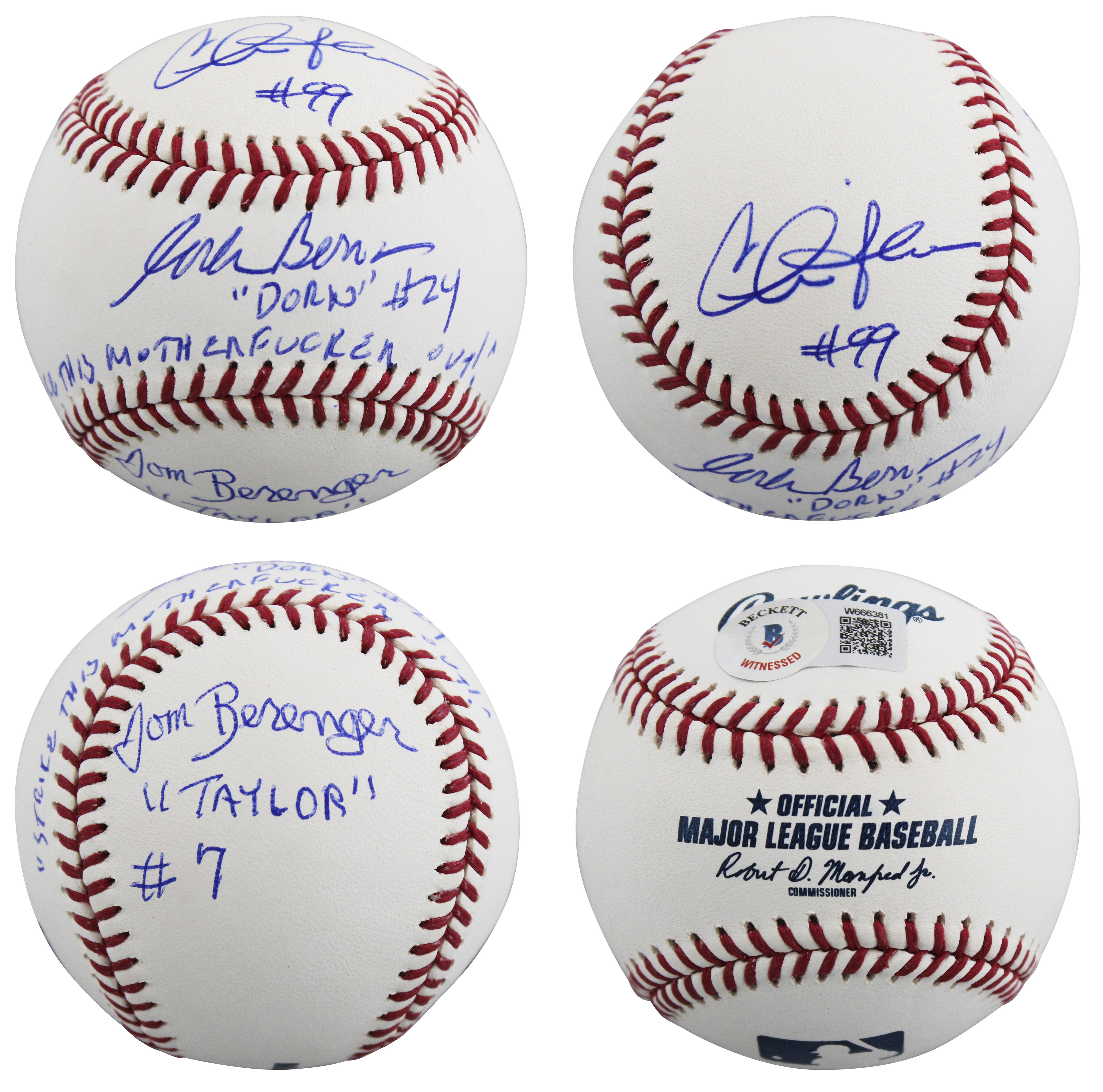 Charlie Sheen, Tom Berenger & Corbin Bernsen Signed "Major League" OML Baseball Inscribed "Dorn #24", "Taylor #7", & "Strike This M********** Out!" (Beckett) at PristineAuction.com Charlie Sheen, Tom Berenger & Corbin Bernsen Signed "Major League" OML Baseball Inscribed "Dorn #24", "Taylor #7", & "Strike This M********** Out!" (Beckett) at PristineAuction.com