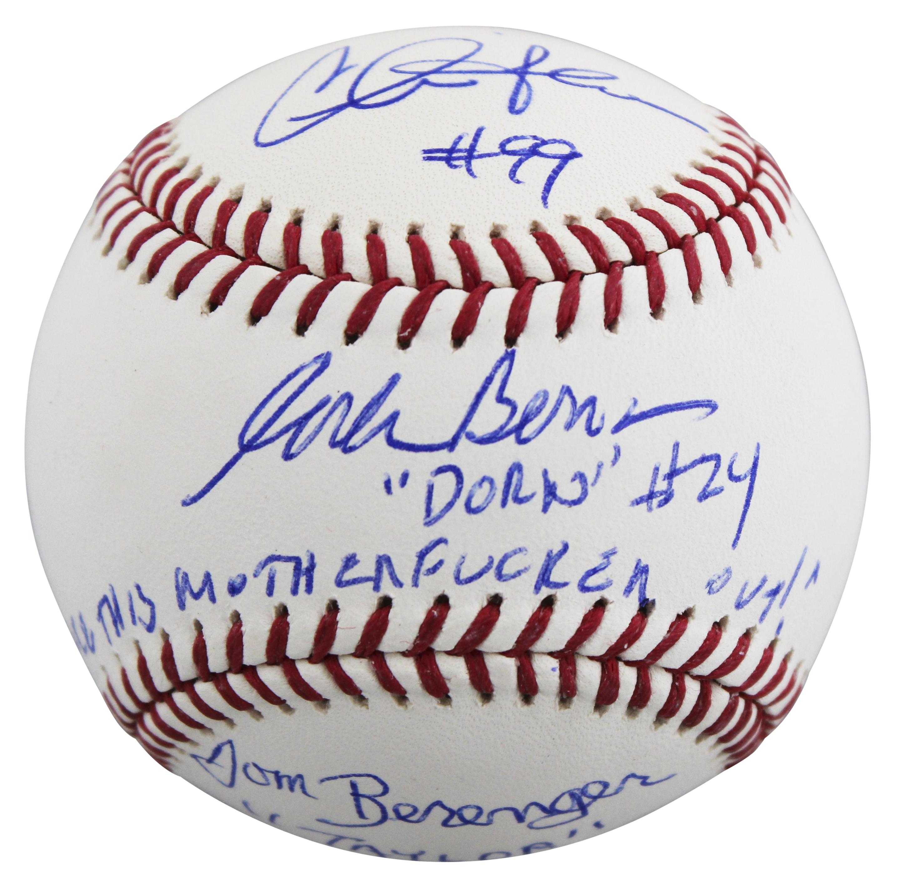 Charlie Sheen, Tom Berenger & Corbin Bernsen Signed "Major League" OML Baseball Inscribed "Dorn #24", "Taylor #7", & "Strike This M********** Out!" (Beckett) at PristineAuction.com Charlie Sheen, Tom Berenger & Corbin Bernsen Signed "Major League" OML Baseball Inscribed "Dorn #24", "Taylor #7", & "Strike This M********** Out!" (Beckett) at PristineAuction.com
