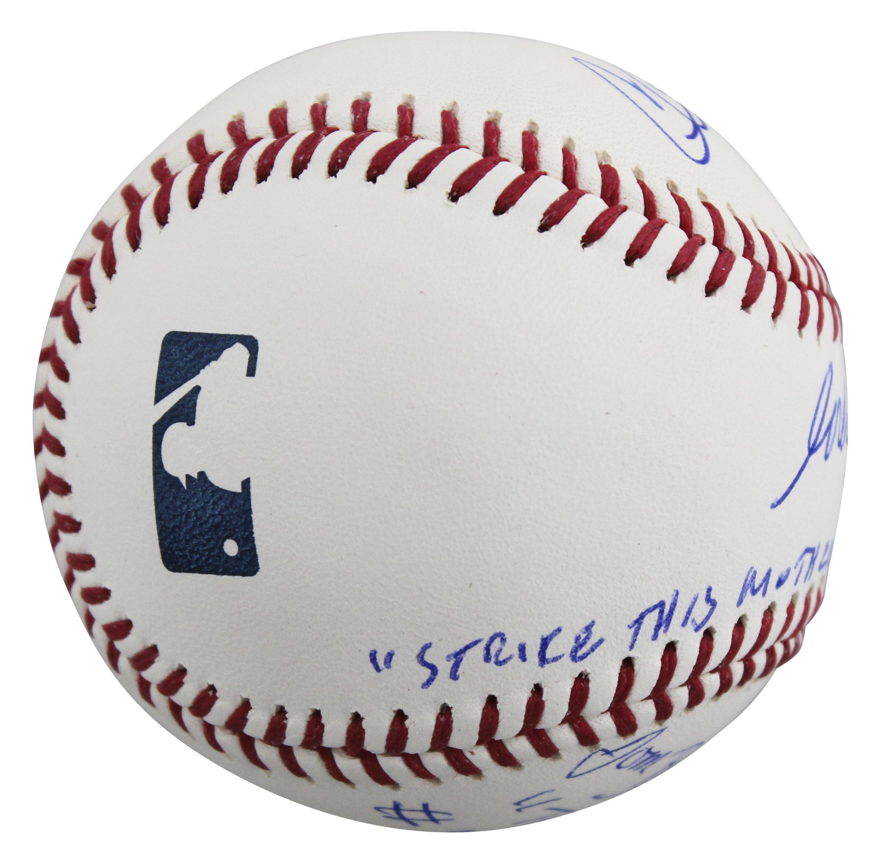 Charlie Sheen, Tom Berenger & Corbin Bernsen Signed "Major League" OML Baseball Inscribed "Dorn #24", "Taylor #7", & "Strike This M********** Out!" (Beckett) at PristineAuction.com Charlie Sheen, Tom Berenger & Corbin Bernsen Signed "Major League" OML Baseball Inscribed "Dorn #24", "Taylor #7", & "Strike This M********** Out!" (Beckett) at PristineAuction.com