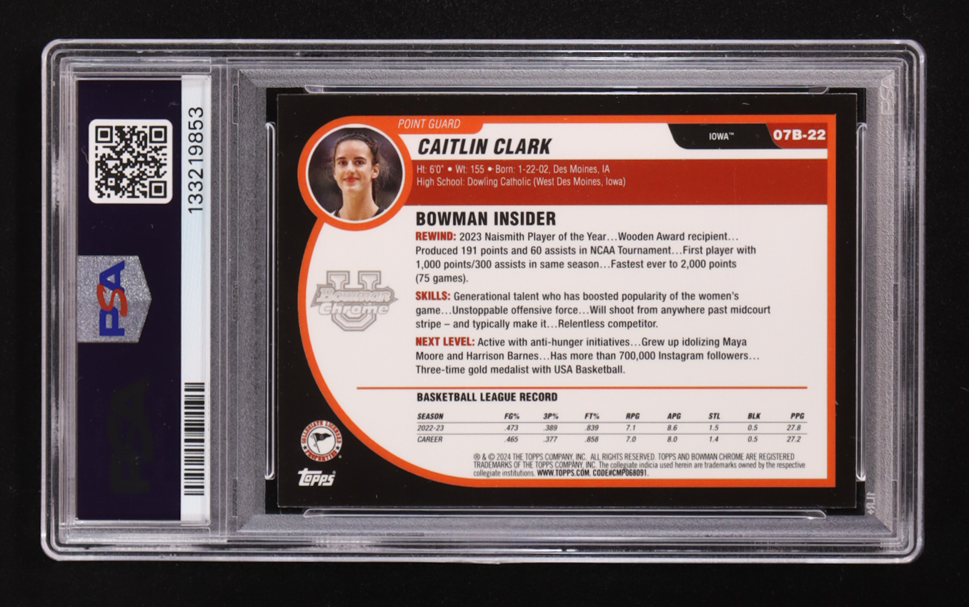 Caitlin Clark 2023-24 Bowman Chrome University '07-08 Bowman #07B22 RC (PSA 9) at PristineAuction.com Caitlin Clark 2023-24 Bowman Chrome University '07-08 Bowman #07B22 RC (PSA 9) at PristineAuction.com