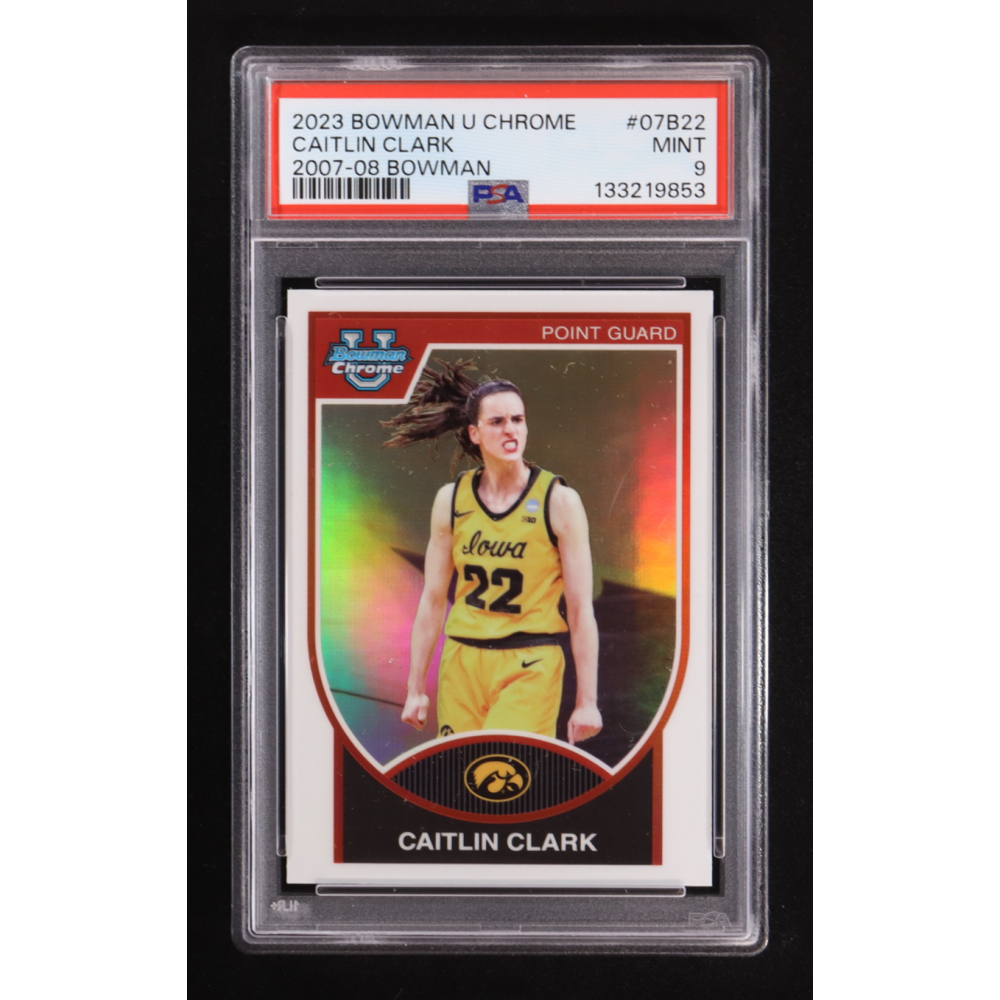 Caitlin Clark 2023-24 Bowman Chrome University '07-08 Bowman #07B22 RC (PSA 9) at PristineAuction.com