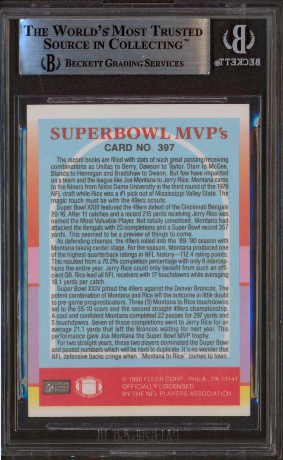 Joe Montana & Jerry Rice Signed 1990 Fleer SB MVPs #397 (BGS) at PristineAuction.com Joe Montana & Jerry Rice Signed 1990 Fleer SB MVPs #397 (BGS) at PristineAuction.com