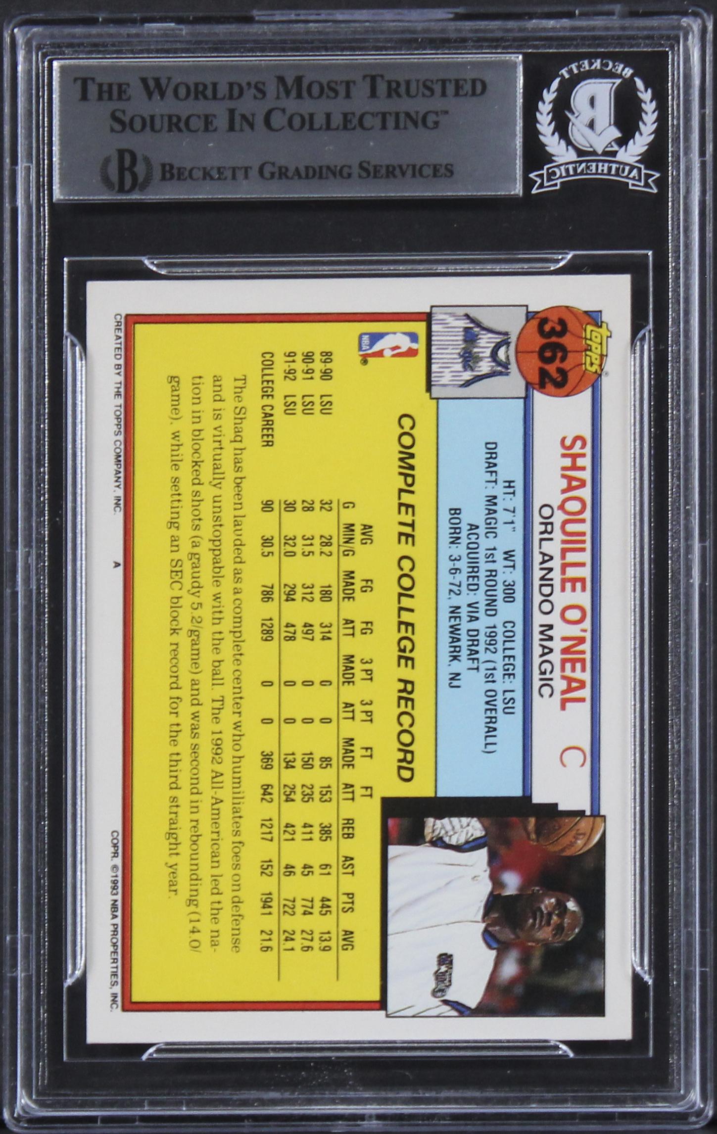 Shaquille O'Neal Signed 1992 Topps #362 RC (BGS) at PristineAuction.com Shaquille O'Neal Signed 1992 Topps #362 RC (BGS) at PristineAuction.com