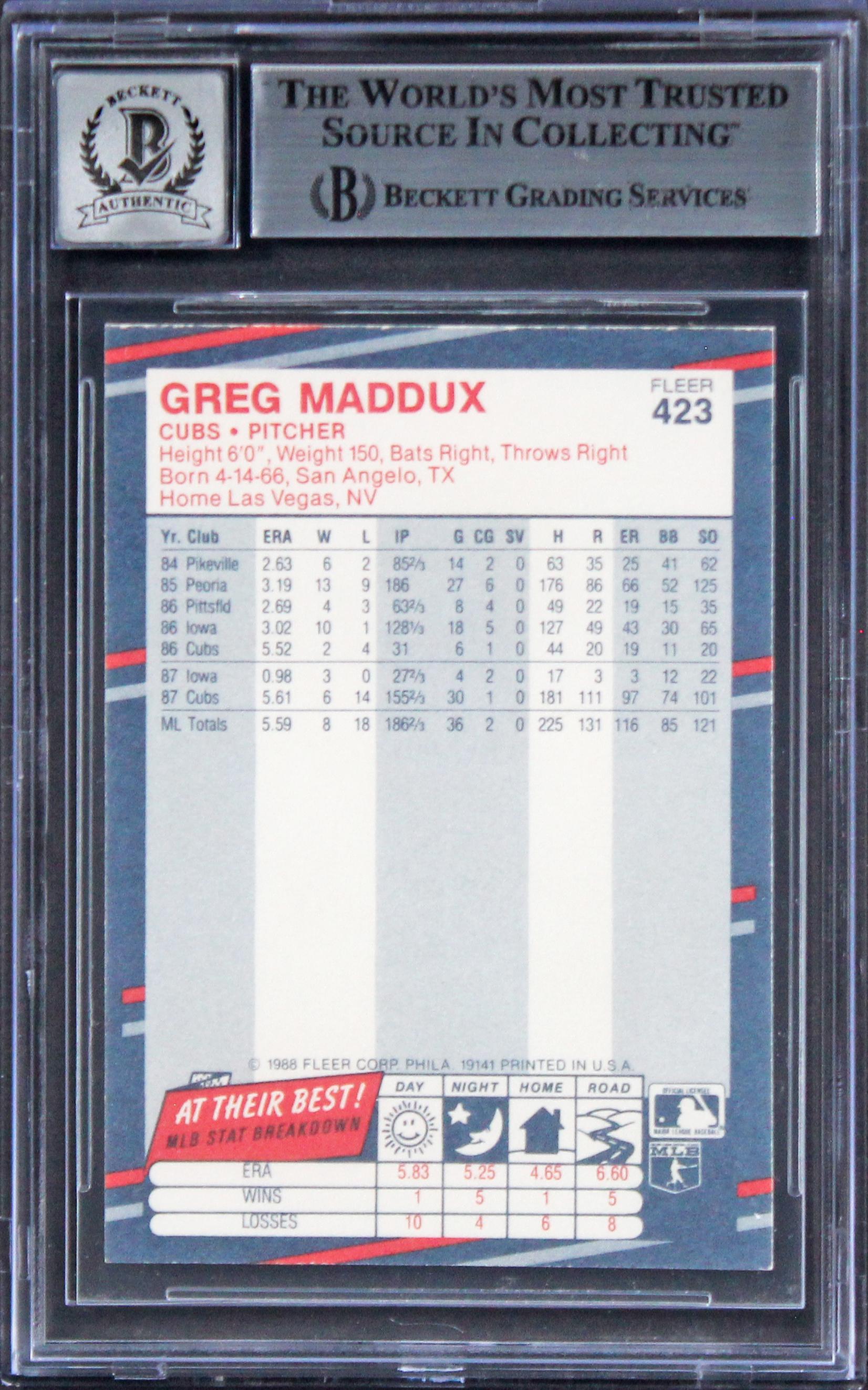 Greg Maddux Signed 1988 Fleer #423 (BGS | Auto 10) at PristineAuction.com Greg Maddux Signed 1988 Fleer #423 (BGS | Auto 10) at PristineAuction.com
