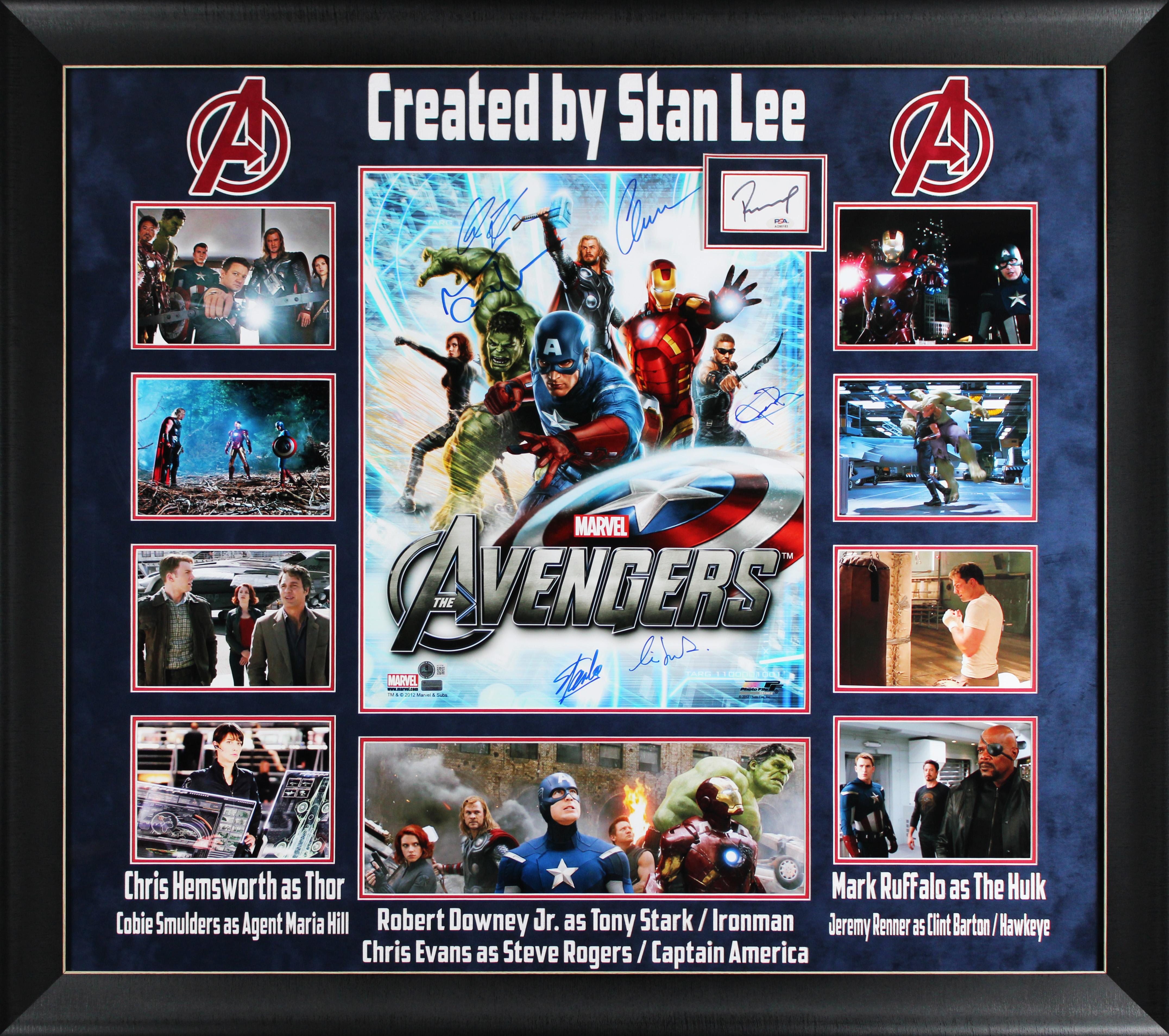 "The Avengers" Custom Framed Photo & Cut Display Signed By (7) with Robert Downey Jr., Chris Evans, Chris Hemsworth, Stan Lee (Beckett & PSA) at PristineAuction.com "The Avengers" Custom Framed Photo & Cut Display Signed By (7) with Robert Downey Jr., Chris Evans, Chris Hemsworth, Stan Lee (Beckett & PSA) at PristineAuction.com