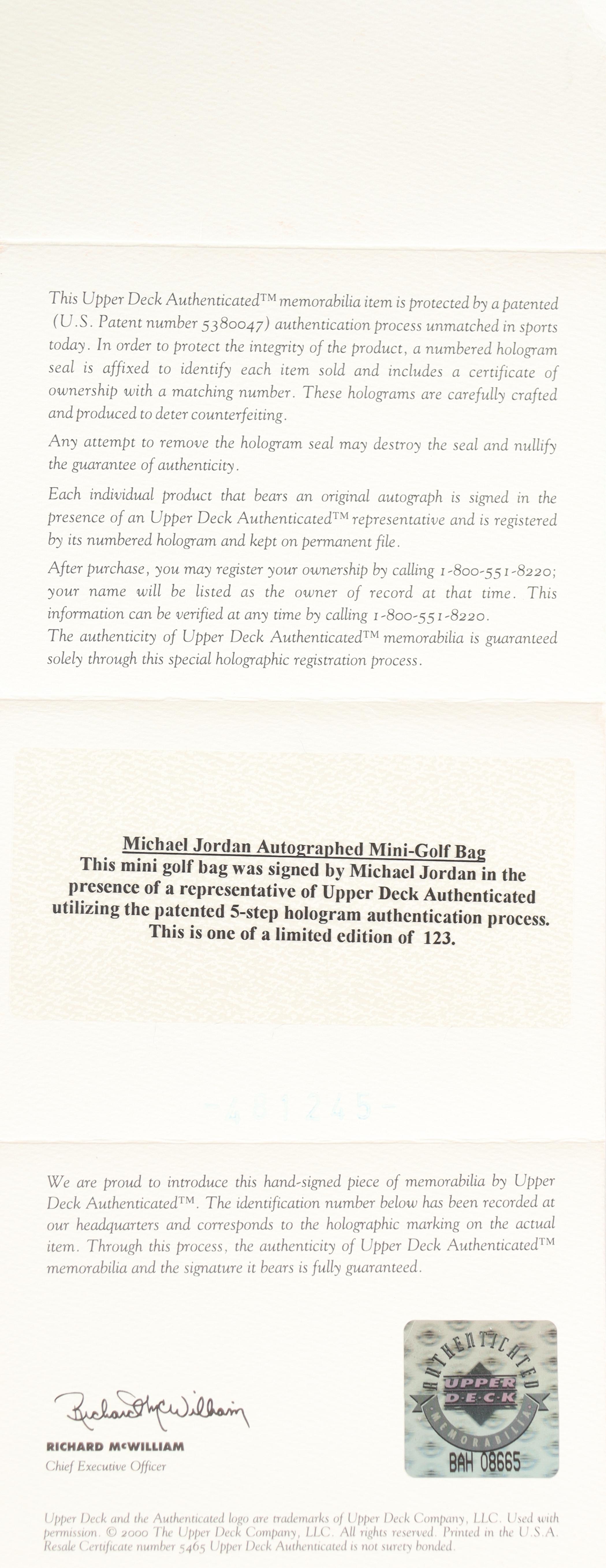 Michael Jordan Signed LE "Jordan" Logo Mini Golf Bag #18/123 (UDA & GOAT) at PristineAuction.com Michael Jordan Signed LE "Jordan" Logo Mini Golf Bag #18/123 (UDA & GOAT) at PristineAuction.com