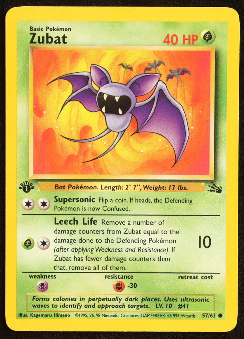 Zubat 1999 Pokemon Fossil 1st Edition #57 at PristineAuction.com Zubat 1999 Pokemon Fossil 1st Edition #57 at PristineAuction.com