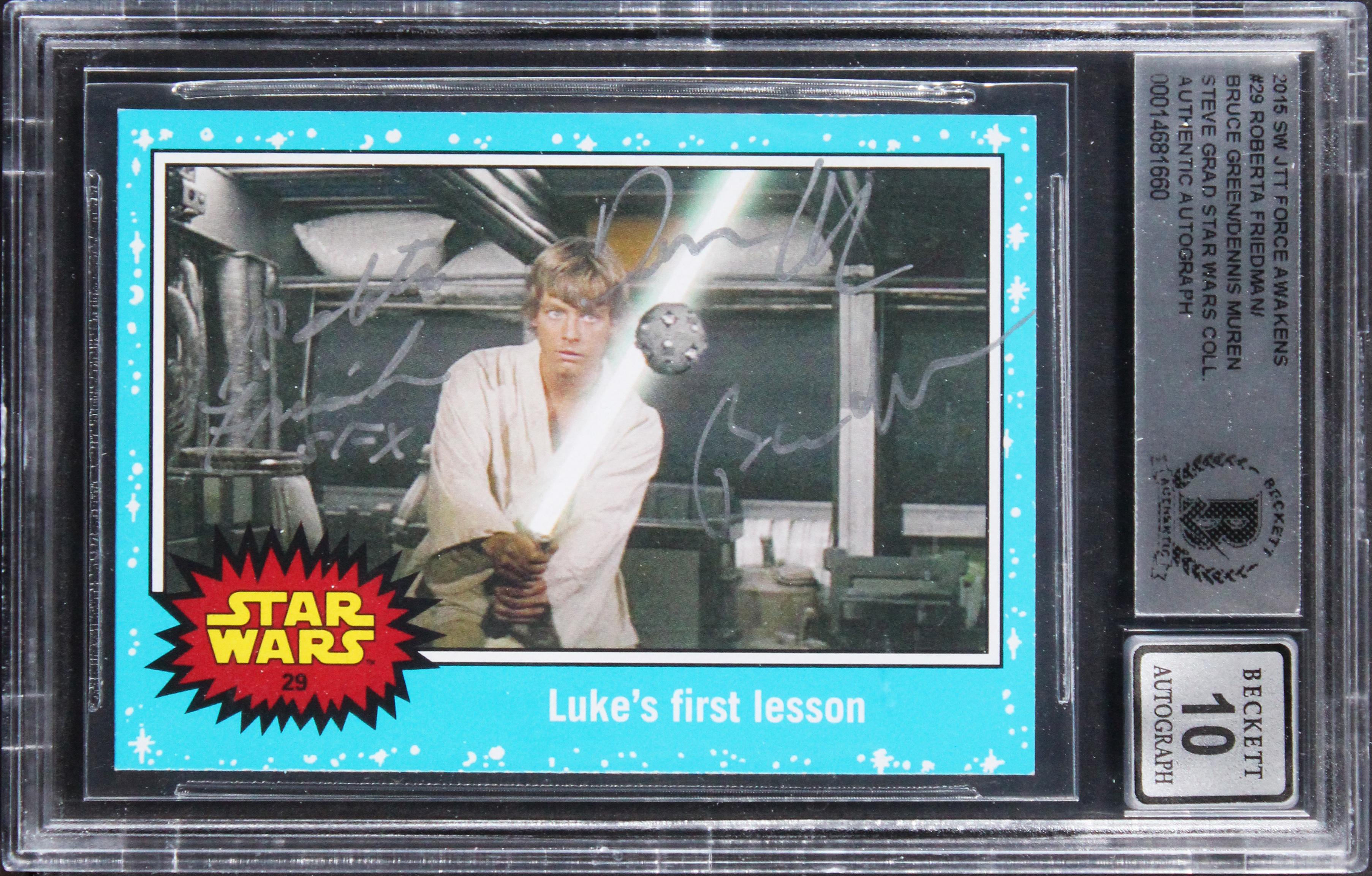 Roberta Friedman, Bruce Green & Dennis Muren Signed 2015 Star Wars JTT Force Awakens #29 Inscribed "SFX" (BGS | Auto 10) at PristineAuction.com Roberta Friedman, Bruce Green & Dennis Muren Signed 2015 Star Wars JTT Force Awakens #29 Inscribed "SFX" (BGS | Auto 10) at PristineAuction.com