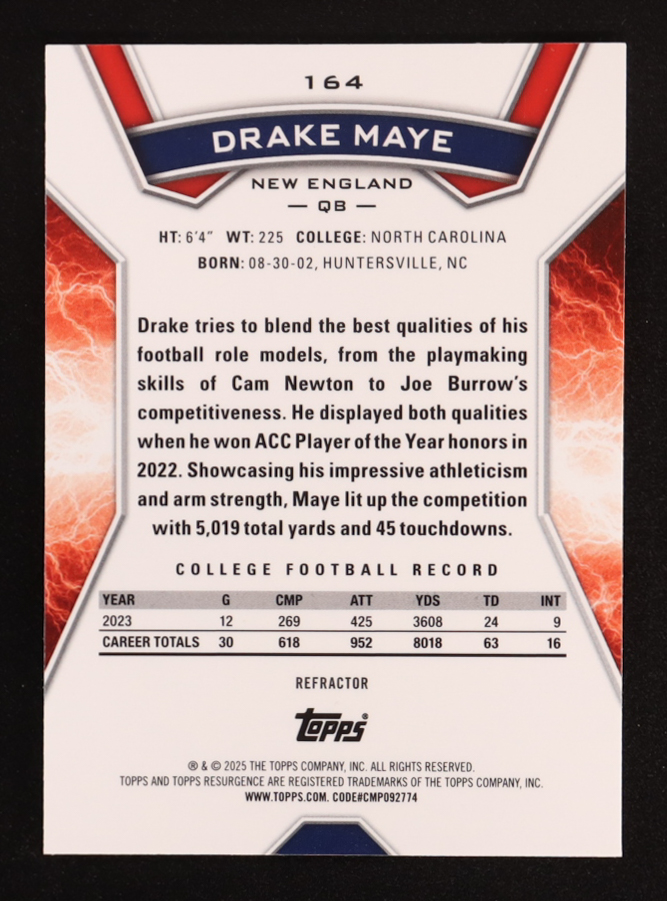 Drake Maye 2024 Topps Resurgence Refractors #164 RC at PristineAuction.com Drake Maye 2024 Topps Resurgence Refractors #164 RC at PristineAuction.com