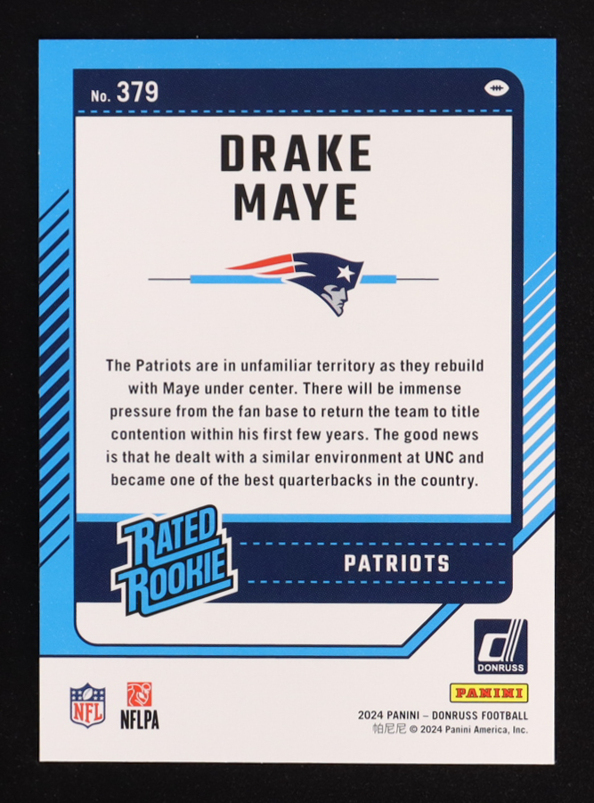 Drake Maye 2024 Donruss Press Proof Green #379 RR RC at PristineAuction.com Drake Maye 2024 Donruss Press Proof Green #379 RR RC at PristineAuction.com