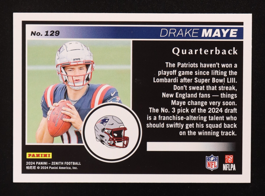 Drake Maye 2024 Zenith Two Minute Drill #129 RC at PristineAuction.com Drake Maye 2024 Zenith Two Minute Drill #129 RC at PristineAuction.com