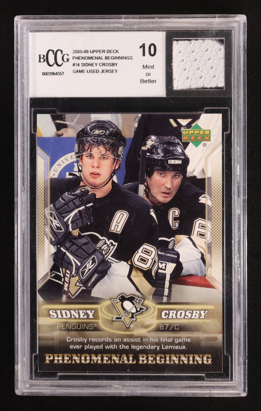 Sidney Crosby 2005-06 Upper Deck Phenomenal Beginnings Game-Used Jersey #14 RC (BCCG 10) at PristineAuction.com Sidney Crosby 2005-06 Upper Deck Phenomenal Beginnings Game-Used Jersey #14 RC (BCCG 10) at PristineAuction.com