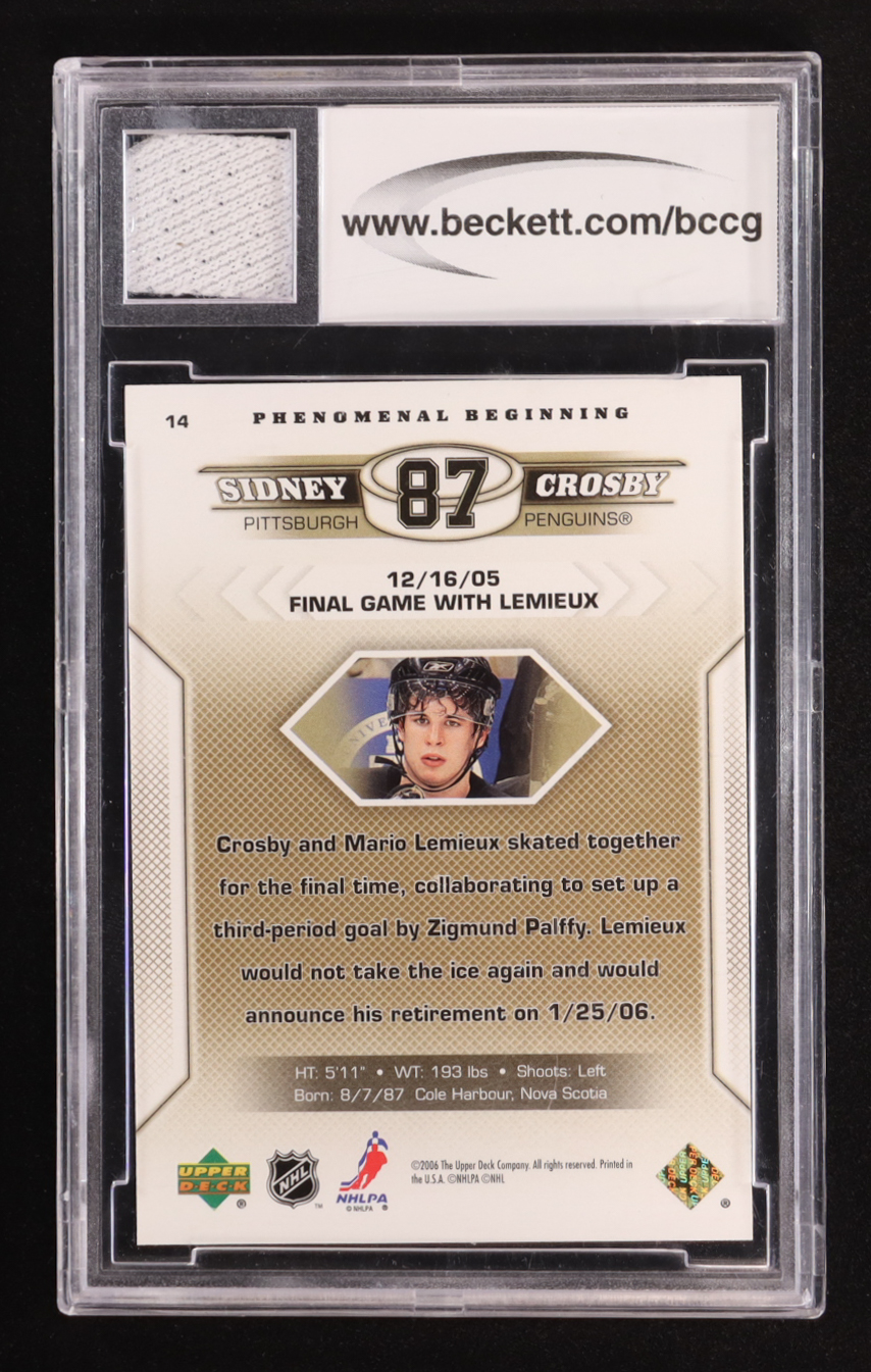 Sidney Crosby 2005-06 Upper Deck Phenomenal Beginnings Game-Used Jersey #14 RC (BCCG 10) at PristineAuction.com Sidney Crosby 2005-06 Upper Deck Phenomenal Beginnings Game-Used Jersey #14 RC (BCCG 10) at PristineAuction.com