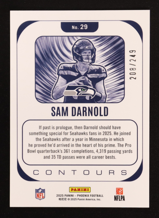 Sam Darnold 2025 Panini Phoenix Contours Red #29 #208/249 at PristineAuction.com Sam Darnold 2025 Panini Phoenix Contours Red #29 #208/249 at PristineAuction.com