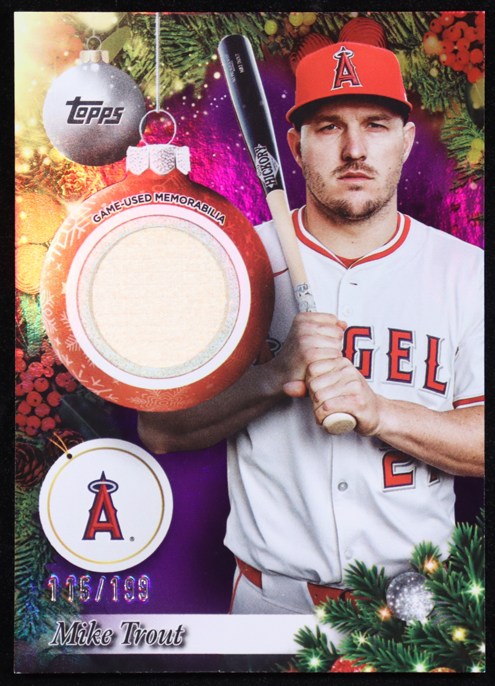 Mike Trout 2025 Topps Holiday Player Relics Metallic Purple #PRMT #115/199 at PristineAuction.com Mike Trout 2025 Topps Holiday Player Relics Metallic Purple #PRMT #115/199 at PristineAuction.com
