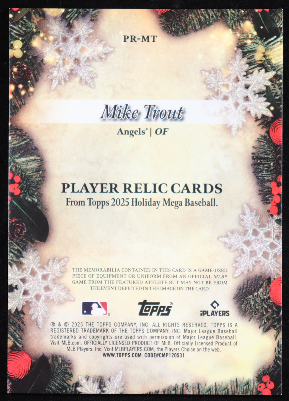 Mike Trout 2025 Topps Holiday Player Relics Metallic Purple #PRMT #115/199 at PristineAuction.com Mike Trout 2025 Topps Holiday Player Relics Metallic Purple #PRMT #115/199 at PristineAuction.com