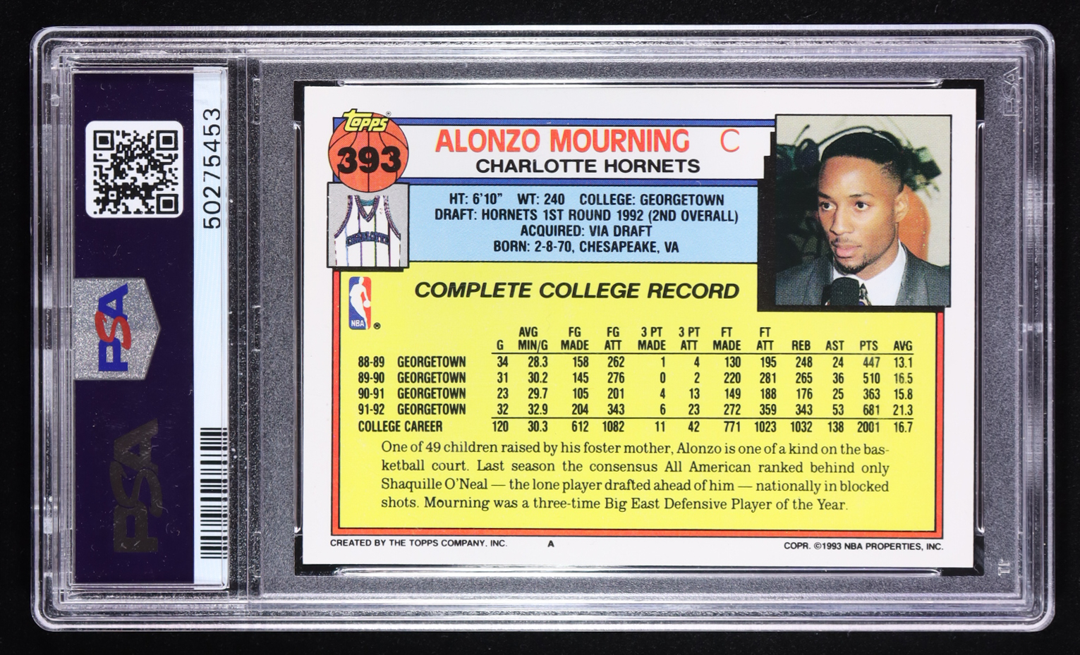 Alonzo Mourning 1992-93 Topps #393 RC (PSA 9) at PristineAuction.com Alonzo Mourning 1992-93 Topps #393 RC (PSA 9) at PristineAuction.com