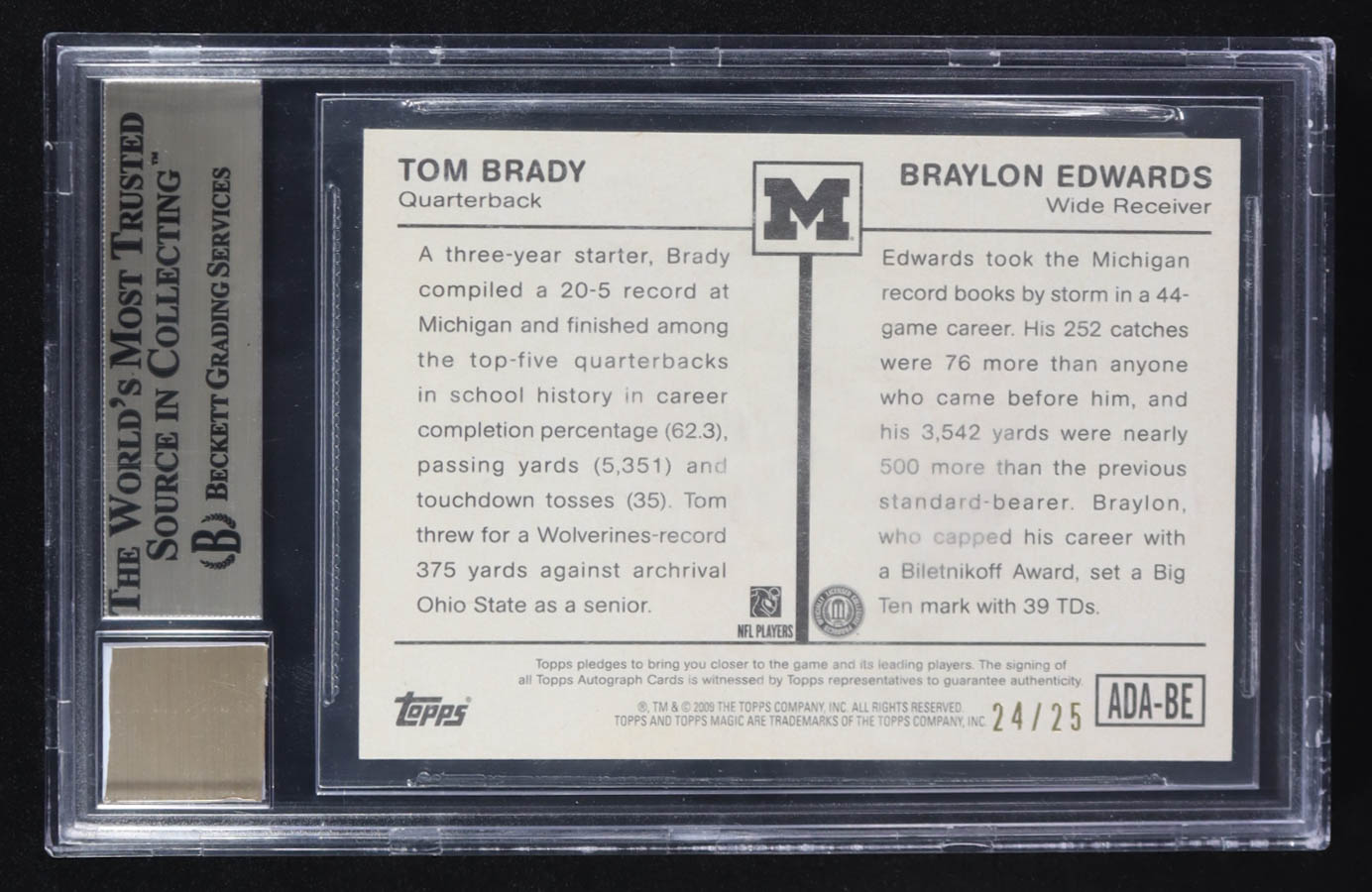 Tom Brady / Braylon Edwards 2009 Topps Magic Alumni Autographs Dual #BE #24/25 (BGS 9.5) at PristineAuction.com Tom Brady / Braylon Edwards 2009 Topps Magic Alumni Autographs Dual #BE #24/25 (BGS 9.5) at PristineAuction.com