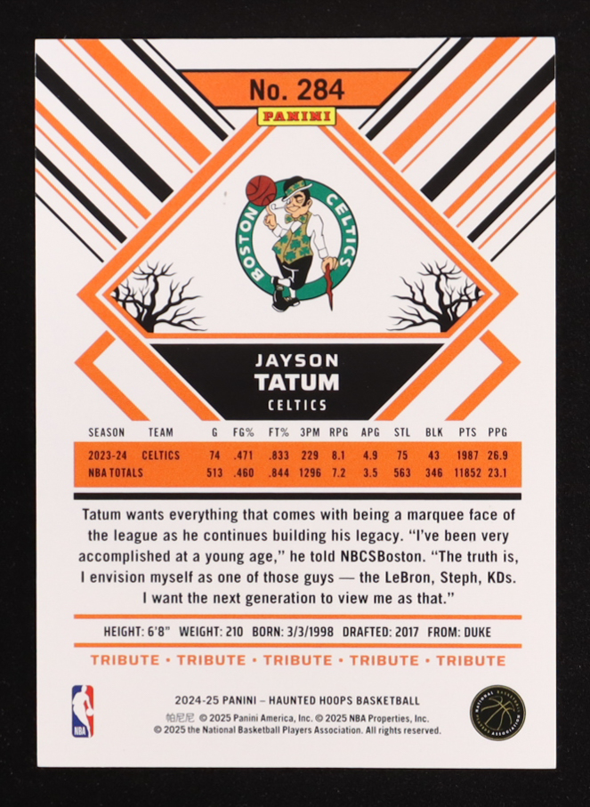 Jayson Tatum 2024-25 Hoops Haunted Hoops Holo Bats #284 #388/399 at PristineAuction.com Jayson Tatum 2024-25 Hoops Haunted Hoops Holo Bats #284 #388/399 at PristineAuction.com