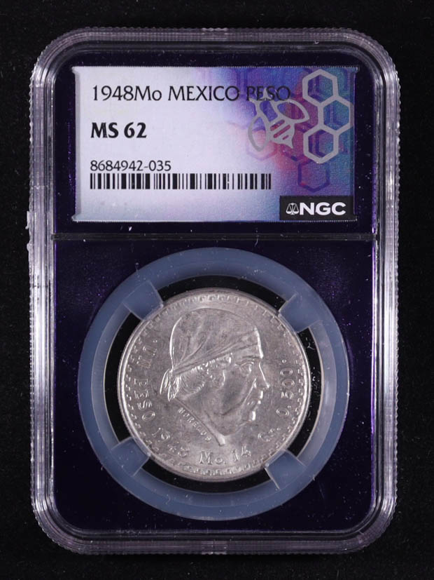 1948-Mo Mexico Peso .500 Fine Silver Coin (NGC MS62) at PristineAuction.com 1948-Mo Mexico Peso .500 Fine Silver Coin (NGC MS62) at PristineAuction.com